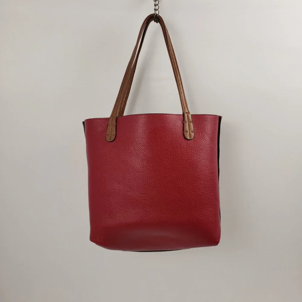 Kris Ana Reversible Handbag Camel Tan Red Key Ring Tote Bucket Purse